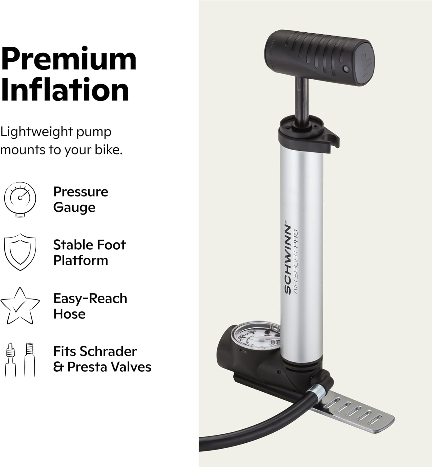 Schwinn Air Sport Mini Bike Pump - Portable Foot & Hand Pump for Schrader & Presta Valves | Easy Carry Design