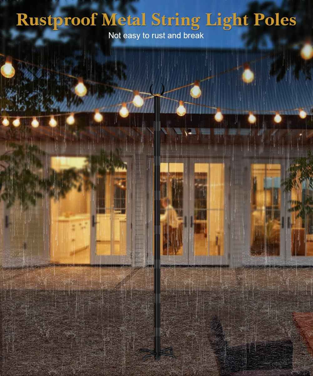 Tigerden 10Ft String Light Poles for Grass & Soil, Outdoor Light Stand with 5-Prong Fork Base, Heavy-Duty Metal Poles for Backyard, Garden & Patio Party Lighting, Rustproof & Adjustable