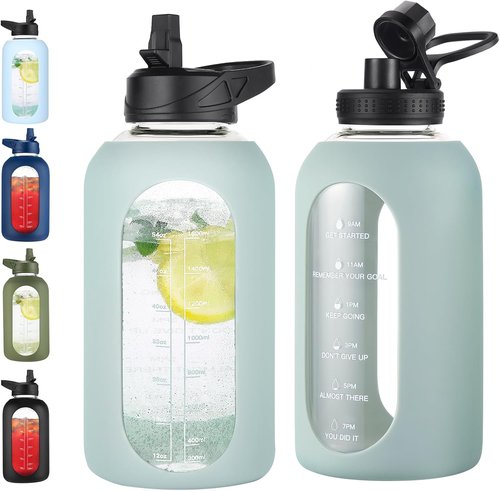 EALGRO 64 oz Glass Water Bottle - Motivational Sports Jug with Straw & Handle | Sage Color, Time Marker