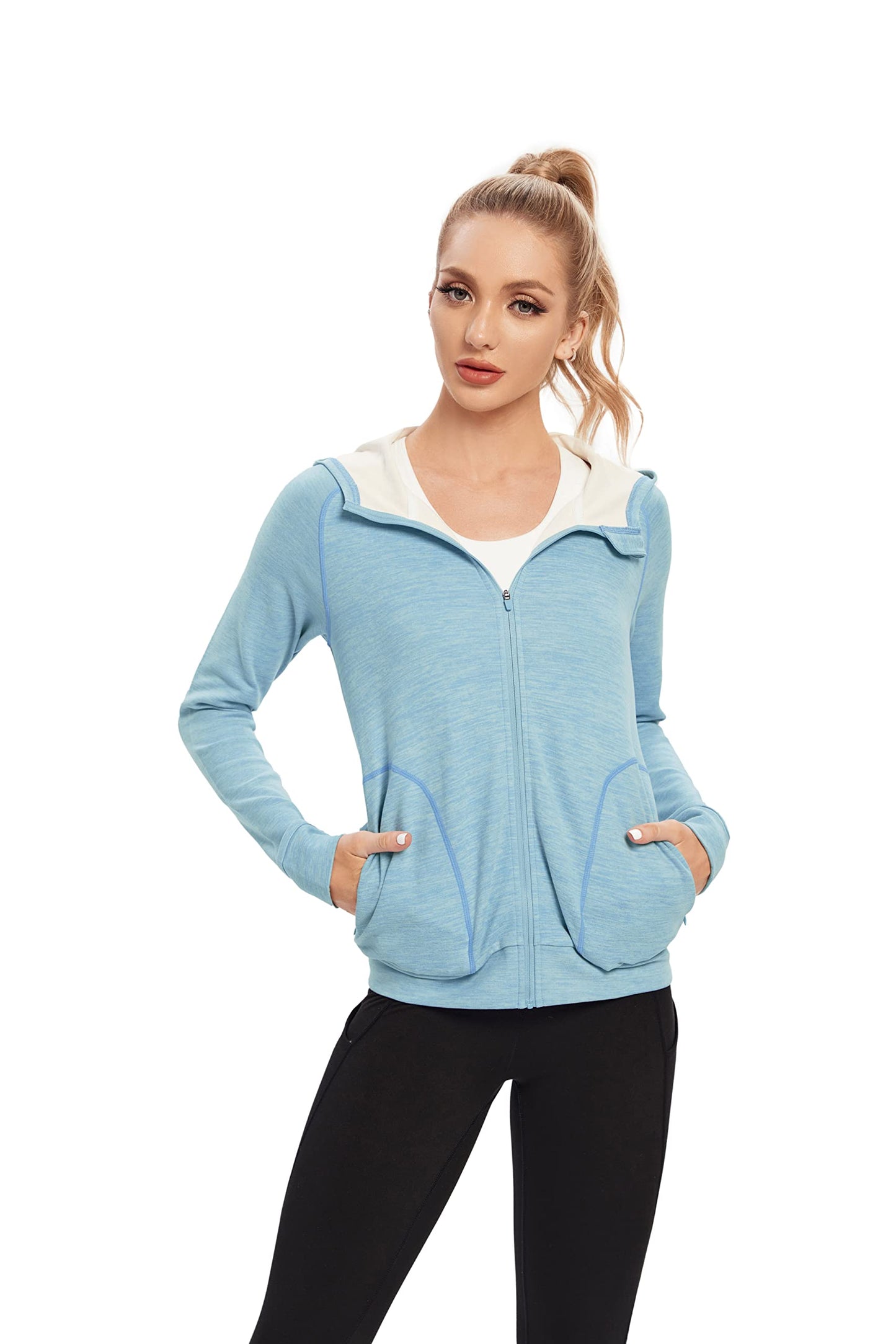 TIHEEN Womens Sports Running Yoga Jacket Slim Fit Full Zip Track Jacket With Pocket (Blue XL)