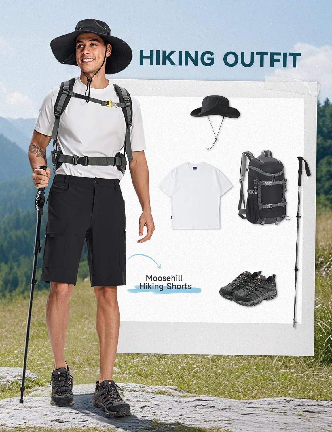 Moosehill Men's Hiking Shorts - Lightweight, Quick-Dry, Water-Resistant with 6 Pockets for Outdoor Adventures