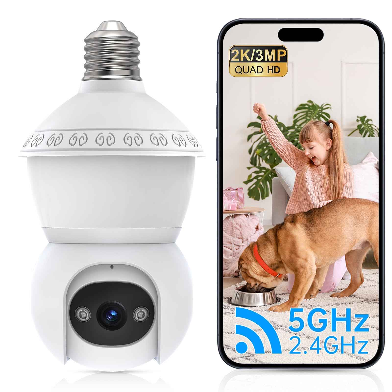 Light Bulb Security Camera, 2.4G/5GHz WiFi 2K Security Cameras Wireless Outdoor Indoor,Bulb Cameras for Home Security,AI Human Detection,Siren Alarm,2 Way Talk,Color Night Vision,Compatible with Alexa