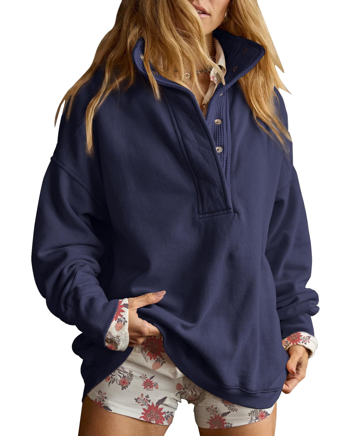 Gacaky Sweatshirt for Women Oversized Casual Long Sleeve Button Henley Neck Pullover Tops Fashion Outfits Clothes Navy S