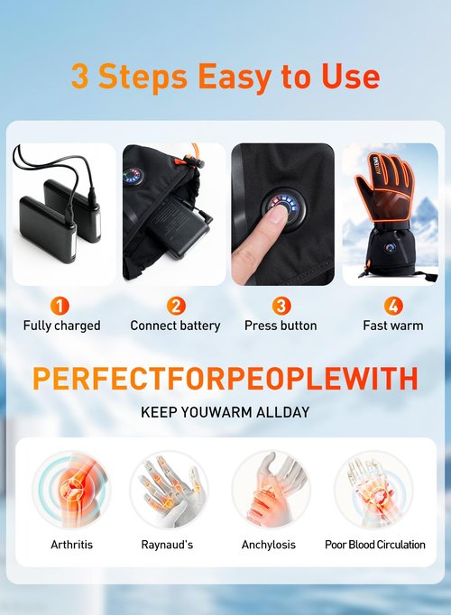 Heated Gloves for Men Women, Auxemu 7.4V Fast Heating 8H Warmth Heated Gloves with Visual Button Touchscreen/Reflective Strip/Waterproof for Motorcycle Riding, Skiing, Outdoor Work(Black, M)