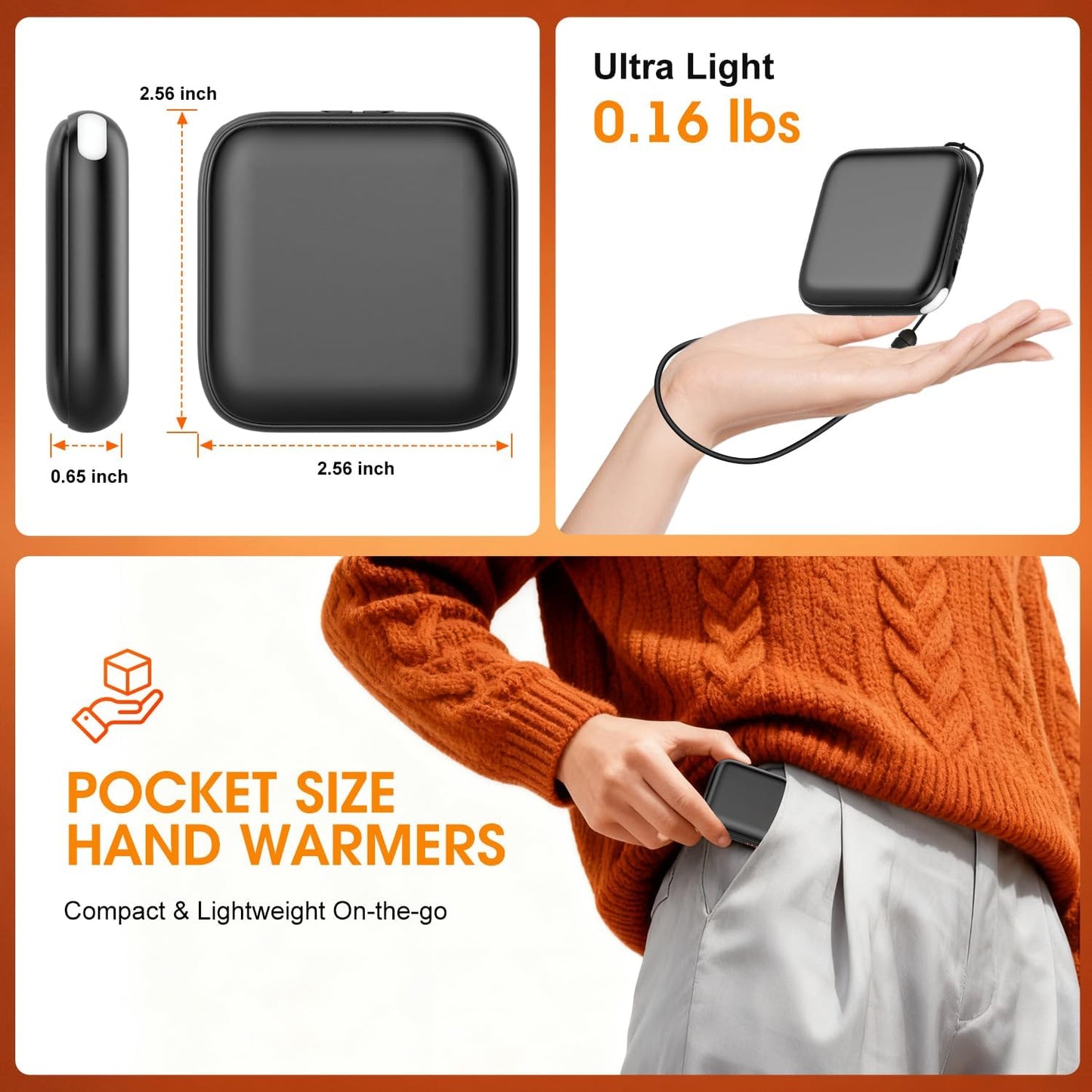 Skiennix Rechargeable Hand Warmers - 6000mAh Fast Heating Portable Pocket Heater | 3 Temperature Settings, LED Light, Ideal for Hunting & Holiday Gifts