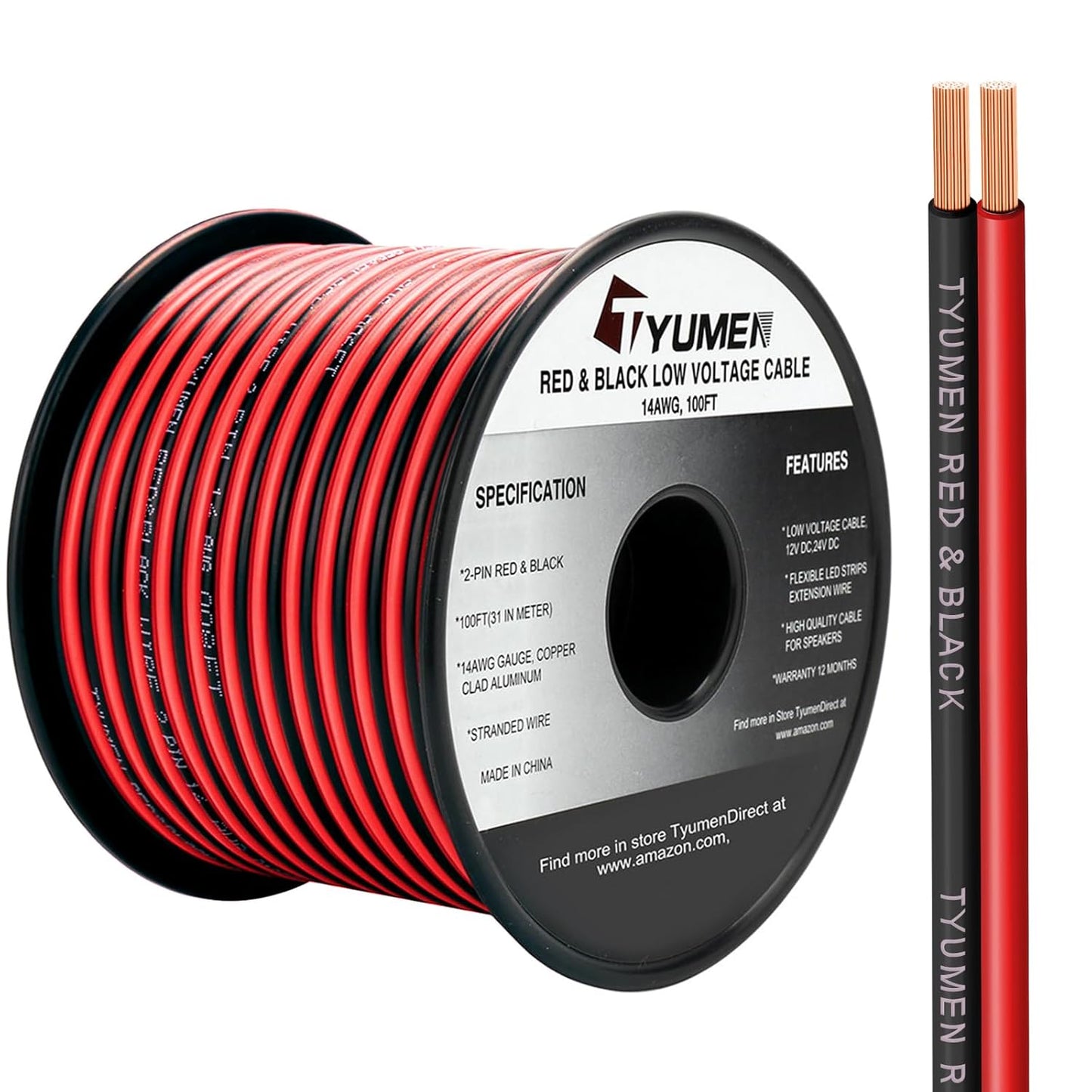 TYUMEN 14/2 Gauge Electrical Wire - 100FT Flexible Hookup Cable for LED Strips | 12V/24V DC