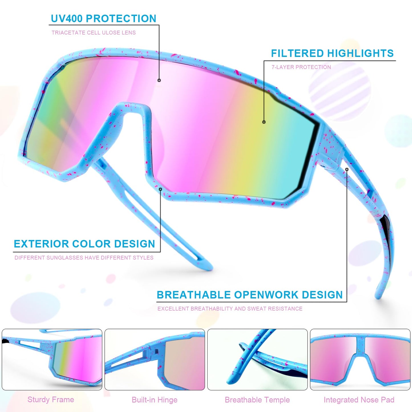 CMBJJU 3PACK Kids Sunglasses,Youth Baseball Glasses,Cycling Goggles for 6-14 Boys Girls,UV400 Protection (3pcs-Blue Pink+Black Purple+White Blue-K05)