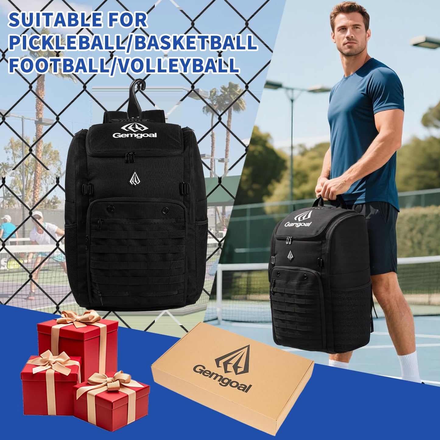 Gemgoal Extra Large Pickleball Bag for Men with Shoe Compartment Pickleball Backpack for 4 Rackets with Fence Hook Paddle Compartments Balls Holder Multiple Compartments
