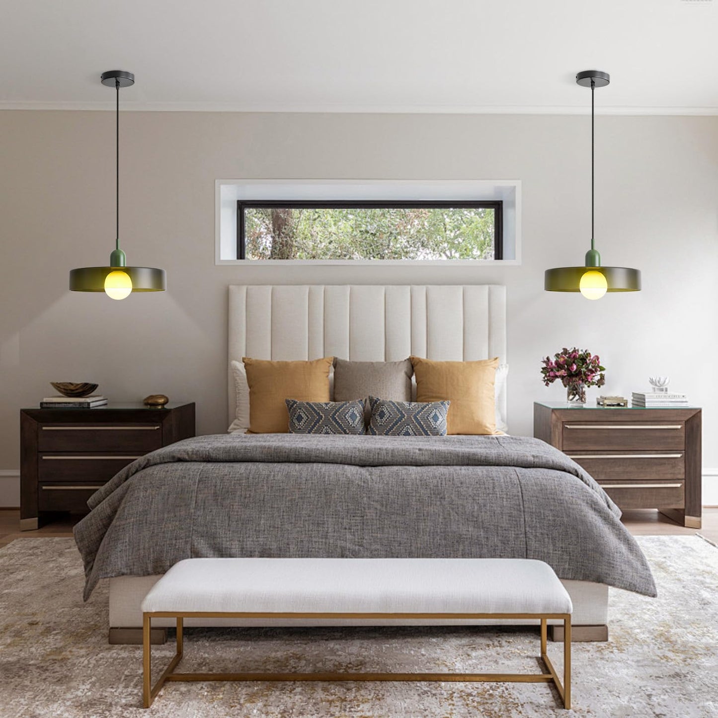 GloMuse Pendant Light Kitchen Island Hanging Light Mid Century Pendant Light Large Light Fixture for Living Room Green 13.78inch