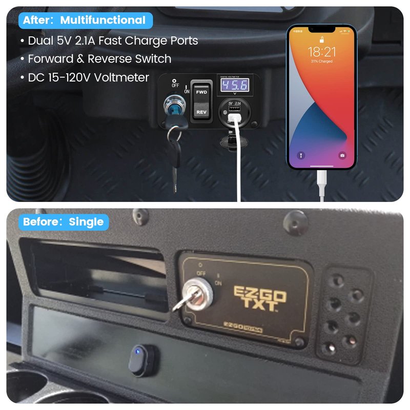 briidea 3 in 1 Multifunctional Integrated Panel with DC 12V-90V 4.2A Dual USB Charger Sockets, LED Wide Range Voltmeter & Forward Reverse Switch, Golf Cart Accessories for EZGO TXT, PDS & Medalist