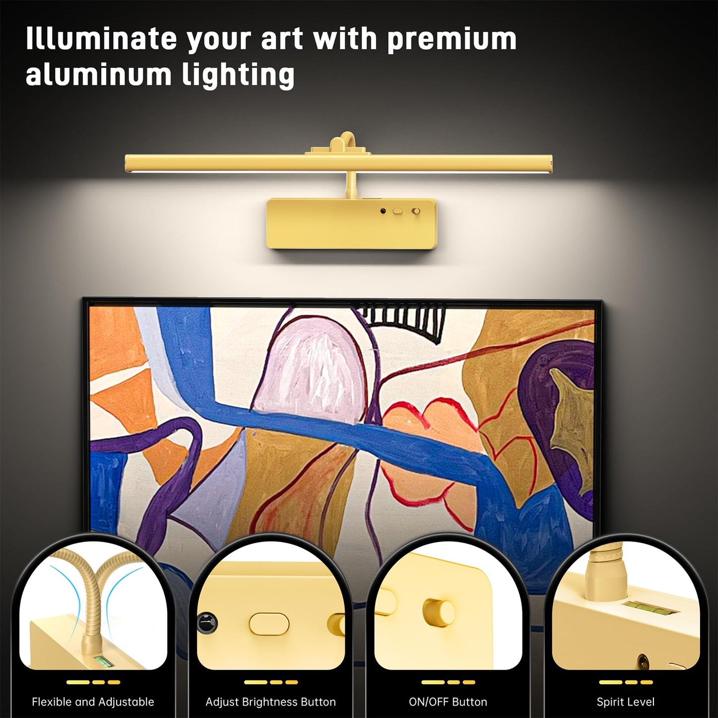 Picture Light, 15.35inch Wireless Picture Lights for Wall Rechargeable, 5400mAh Battery Wall Light with Remote, 3 Color Art Lighting for Paintings with Timer and Dimmable for Display, Gallery (Gold)