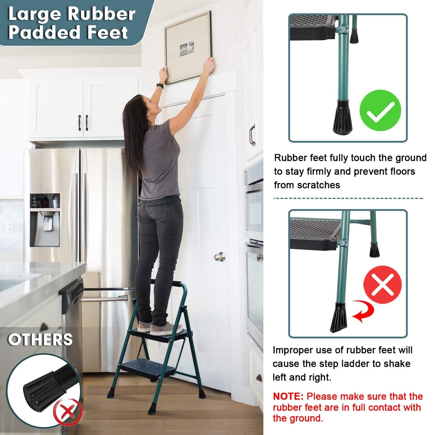 HBTower 2 Ladder, 5FT Folding Step Stool with Wide Anti-Slip Pedal, Sturdy Steel Ladder, Convenient Handgrip, Lightweight 500lbs Portable, Green