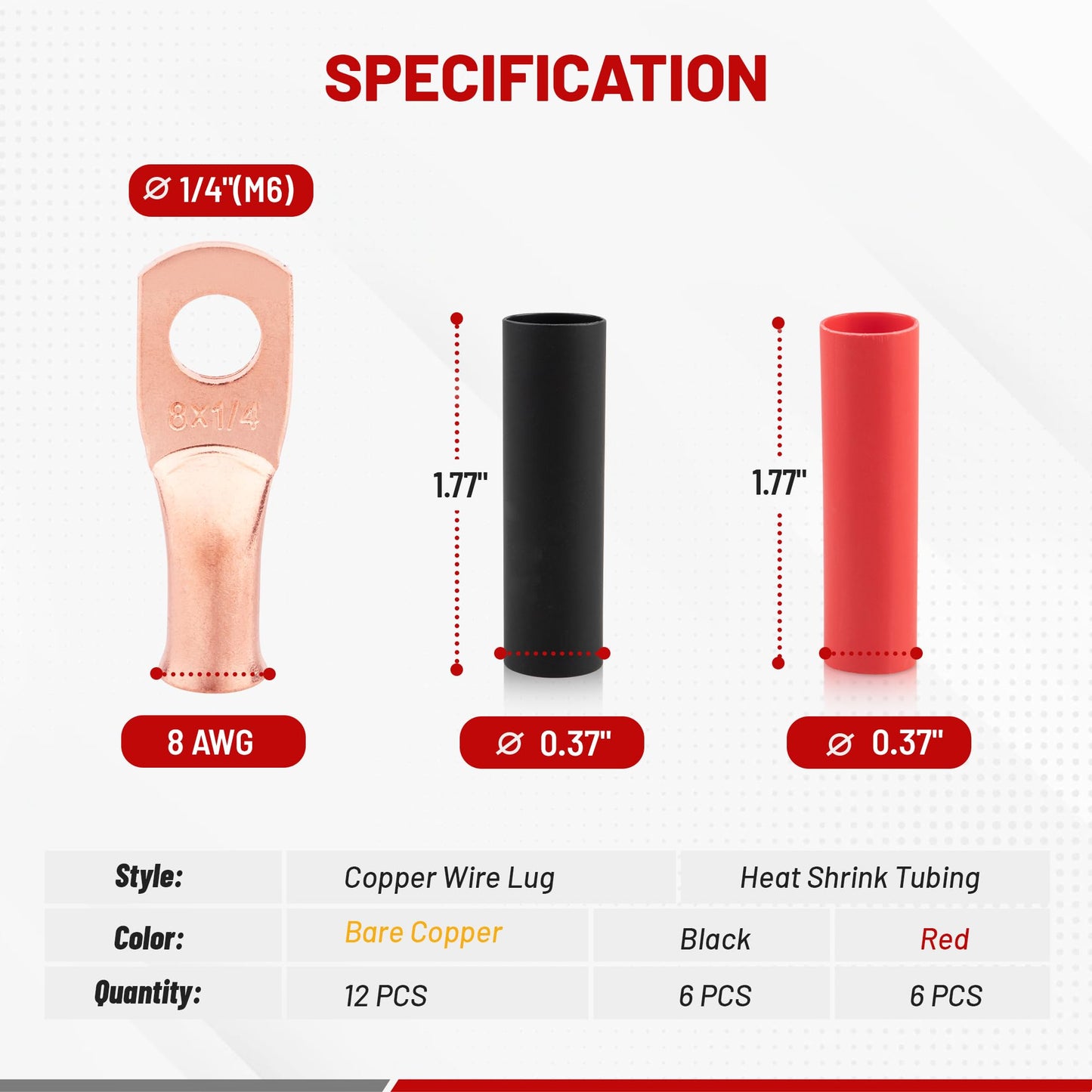 RED WOLF 8 AWG 1/4" Battery Cable Lug 12 PCS w/3:1 Heat Shrink Tubing for Wiring Insulation Black Red 12 PCS for Automotive Electrical 8 Gauge Wire Copper Lug Marine Grade M6 Ring Terminal Ends