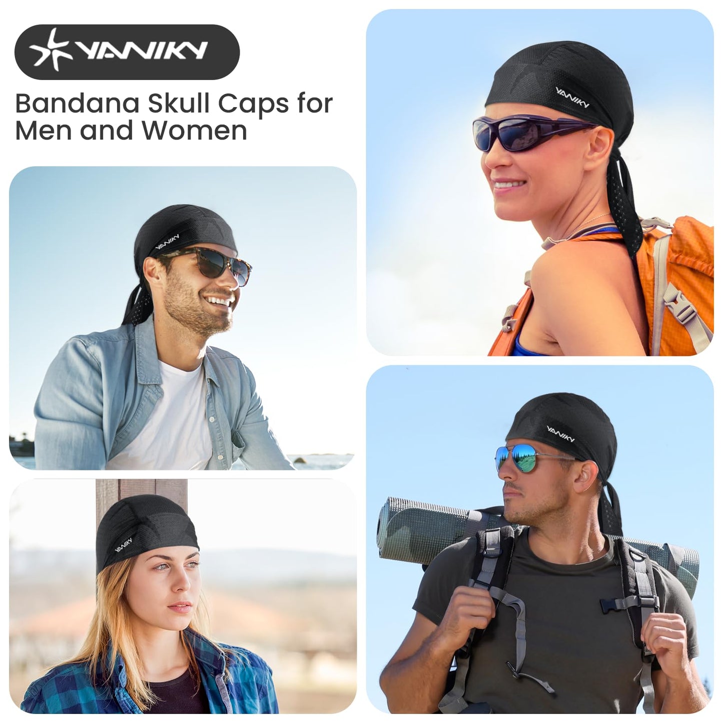 YANIKY Bandana Skull Caps for Men Women Quick-Drying Cooling Do Rag Breathable Durag Cap Helmet Liner for Cycling Running Black