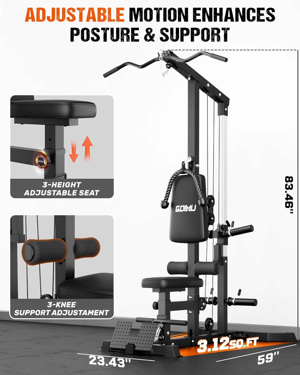 GOIMU LS01 LAT Pulldown Machine, LAT Row Cable Machine with AB Crunch, LAT Tower with Cable Row Attachments, 3 in 1 Pulley Stations for Home Gym