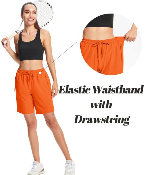 MAGCOMSEN Hiking Shorts Women Orange Quick Dry Cooling Elastic Waist Golf Casual Athletic Shorts Pockets for Seniors L