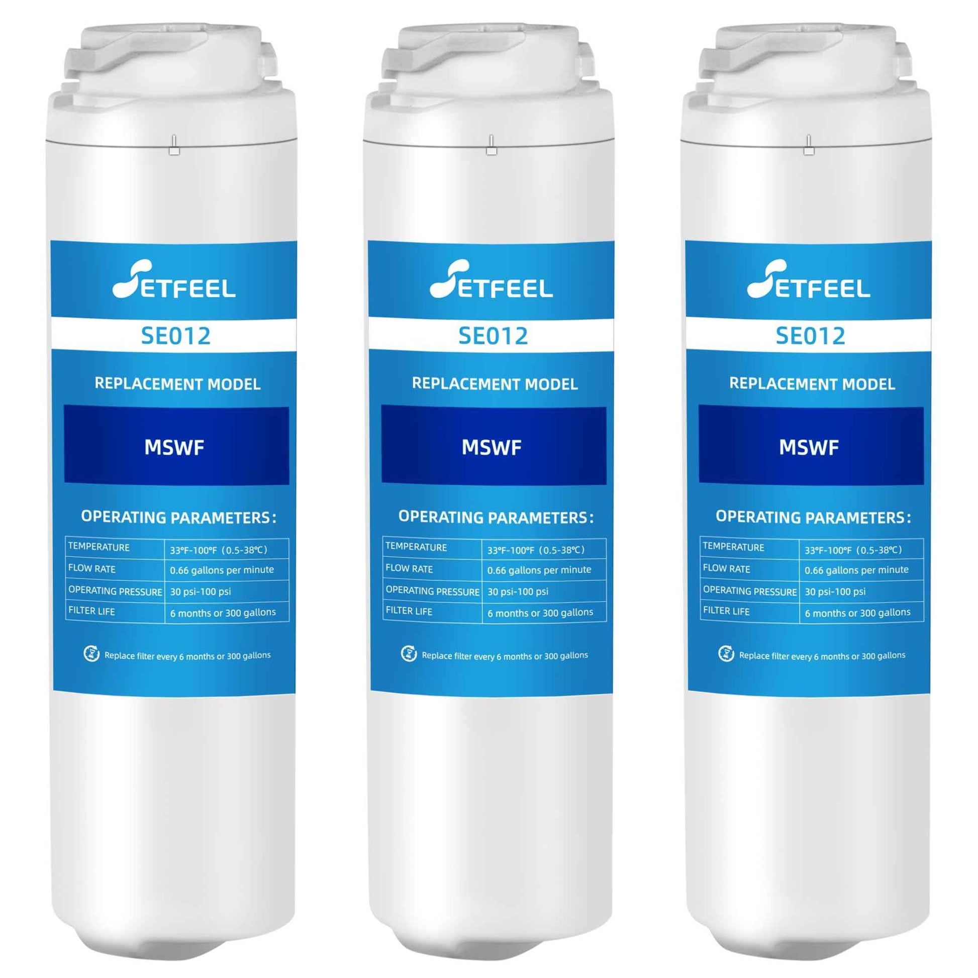 MSWF Refrigerator Water Filter for GE, Smart Water MSWF Cartridge 101820A, 101821B, RWF1500A, 101820B, 101821A, 101821, 3 Pack SETFEEL