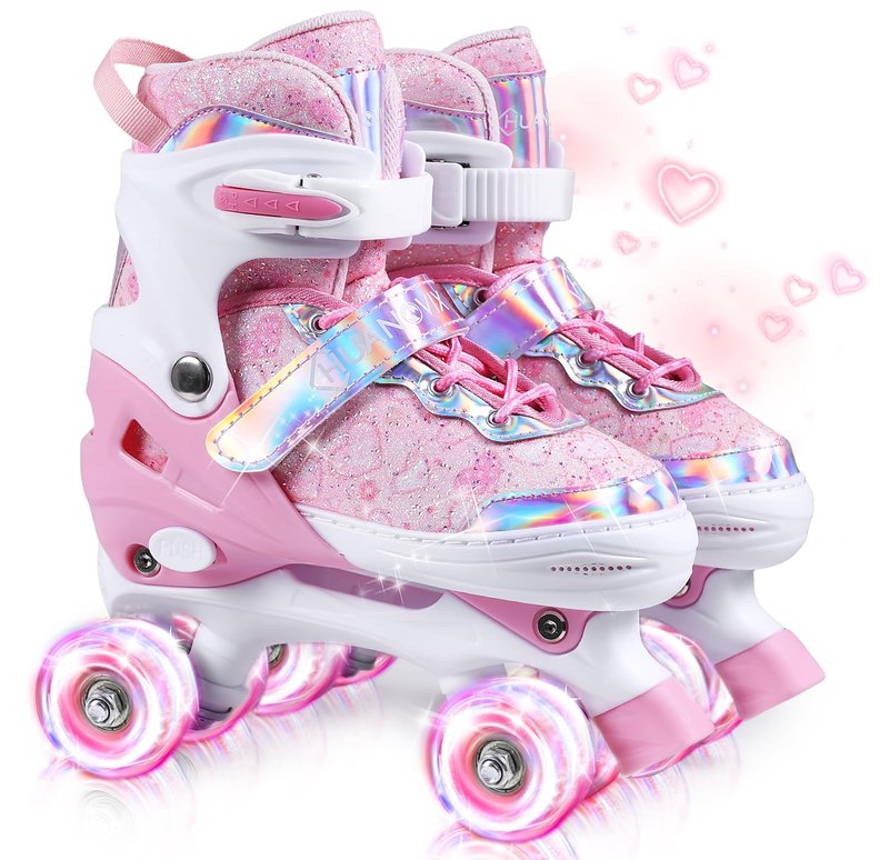 Huanovix Kids Roller Skates, 4-Size Adjustable RollerSkates with Light Up Wheels, Indoor Outdoor Illuminated Skates for Girls Boys Toddlers Youth Adult (Pink, M(US 13C-3/7.5-8.5 in))