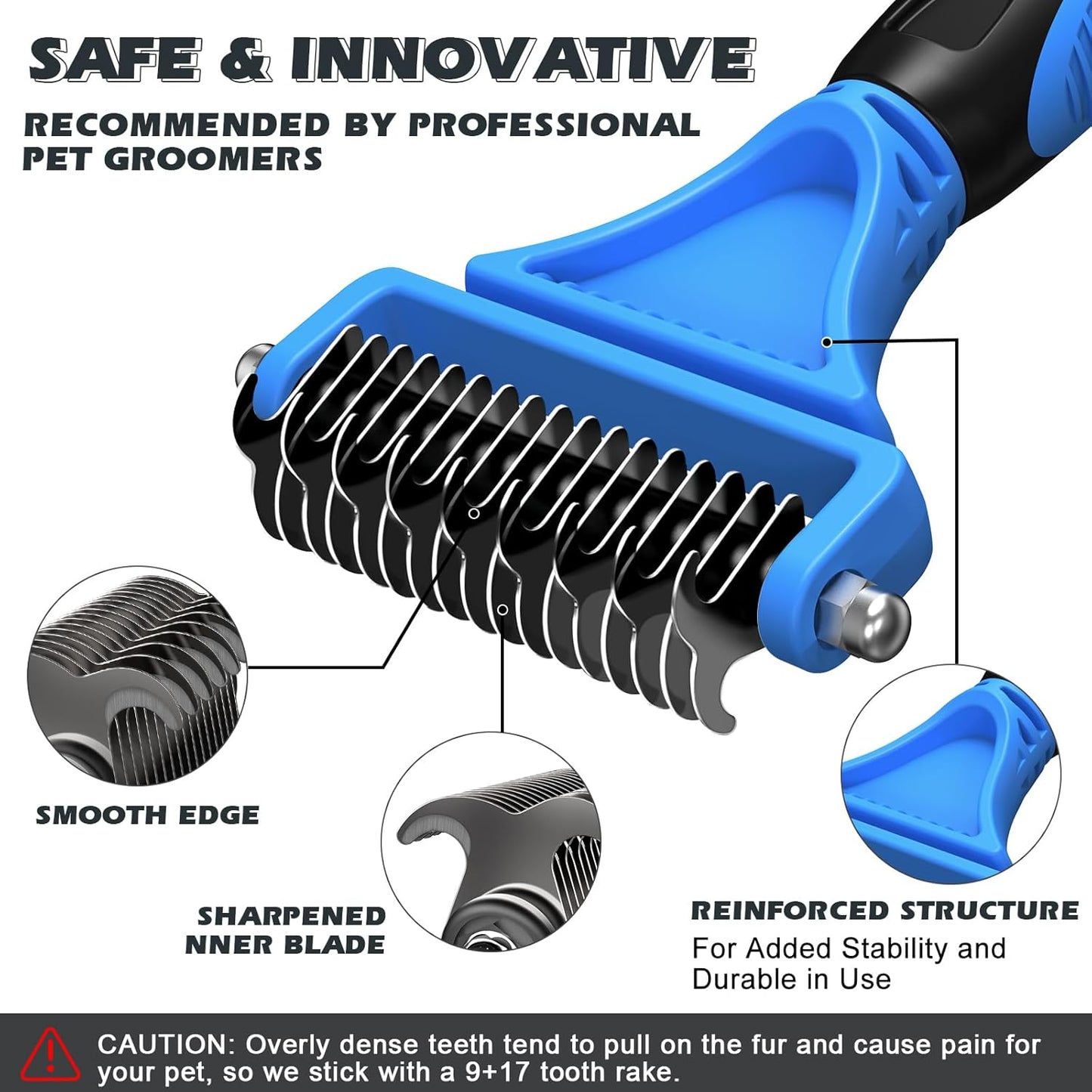 Skiennix Pet Grooming Tool Set - 3PCS Double-Sided Rake, Metal Comb & Flea Comb for Cats & Dogs | Blue
