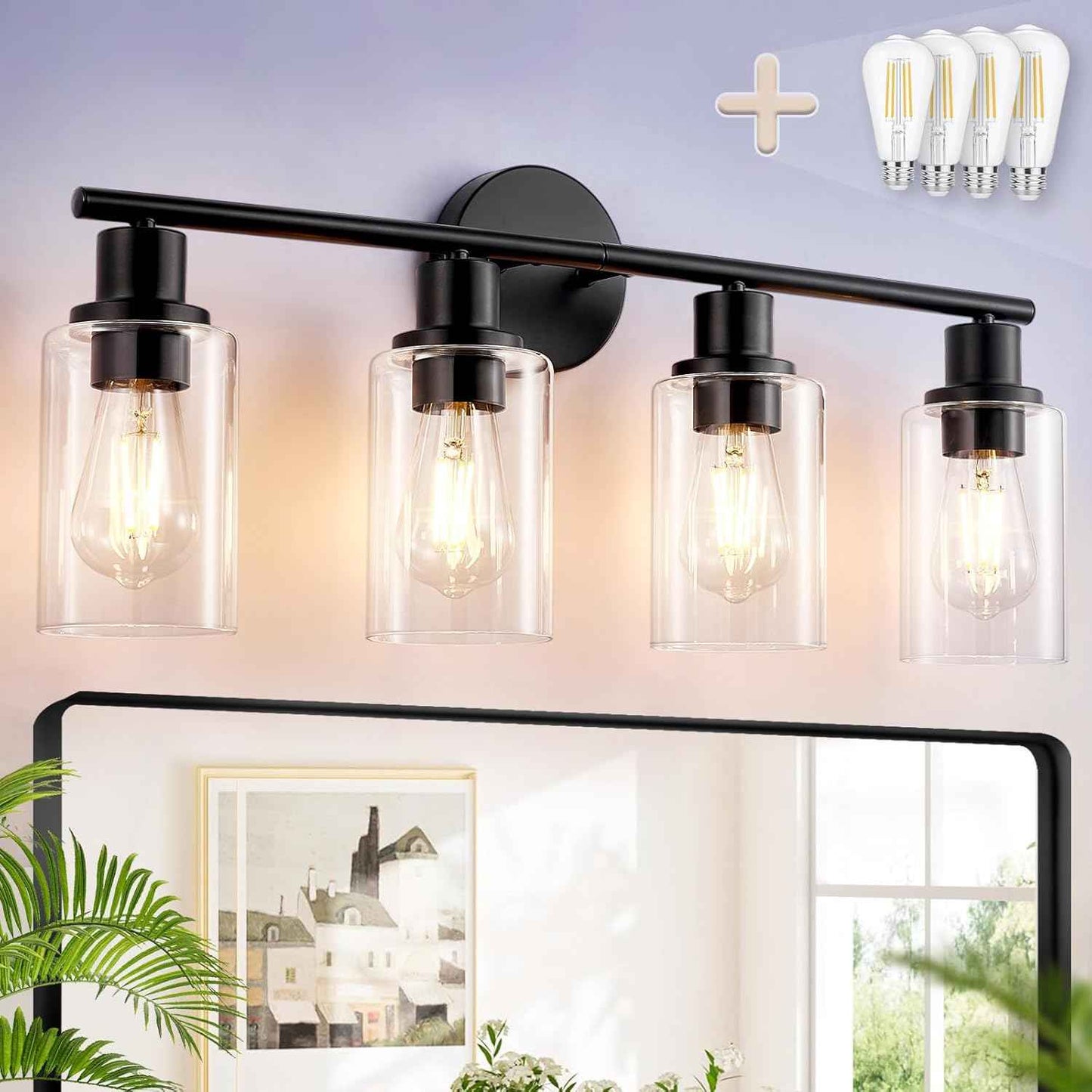 Modern Black 3-Light Bathroom Vanity Light Fixtures with Clear Glass Shades - 2 Pack