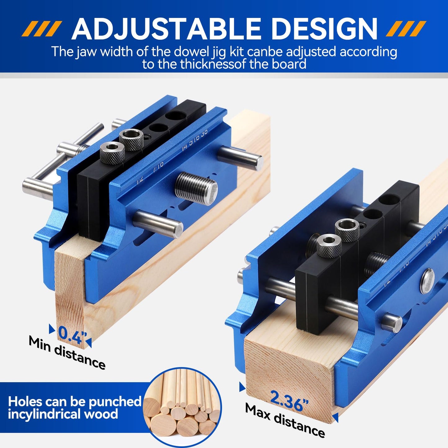 Self Centering Doweling Jig Kit,Adjustable Width Dowel Jig for Straight Holes,Adjustable Drilling Guide Wood Working Tools with 6 Drill Guide Bushings, Wood Doweling for Woodworking（Blue）