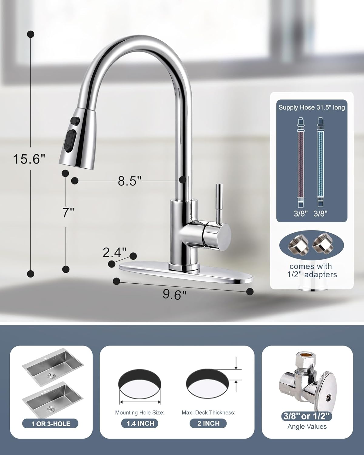 Stainless Steel Kitchen Faucet Combo with Water Filter - Brushed Nickel Sink Faucet for RO Systems