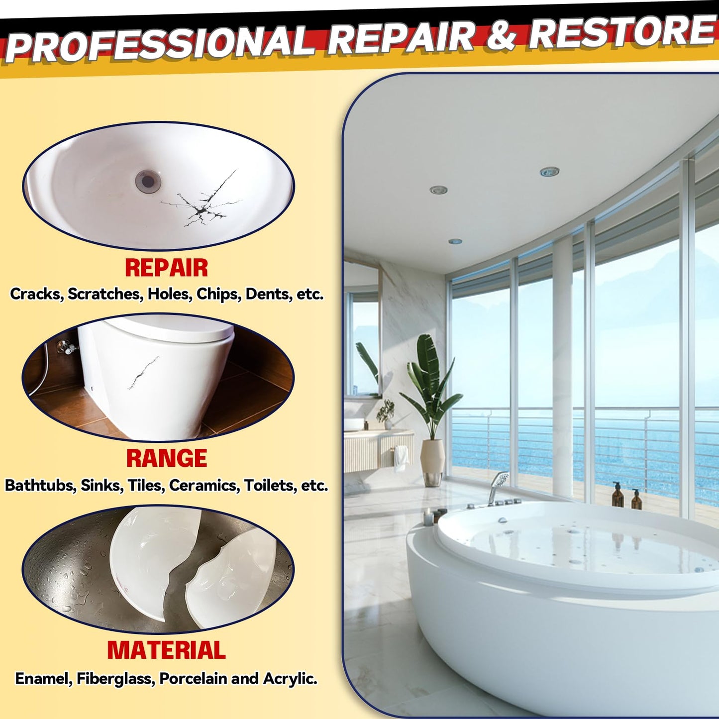 Bathtub Repair Kit, Porcelain and Fiberglass Tub Tile and Shower Kit Repair Chips Dents Cracks Scratches from Ceramic, Marble, Quartz, Resin, Acrylic (White)
