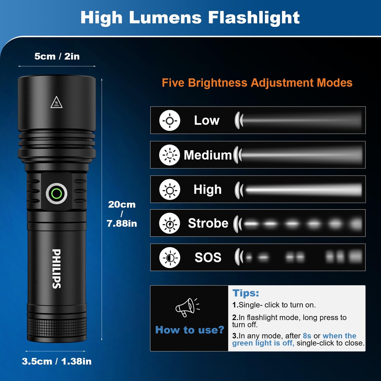 Philips Rechargeable Flashlights High Lumens with Ignition Lens,3000lm Tactical Flashlights with Camping Lamp,2 Colors Zoomable 5Modes Reverse Charging LED Bright Flashlight for Home Outdoor Gift