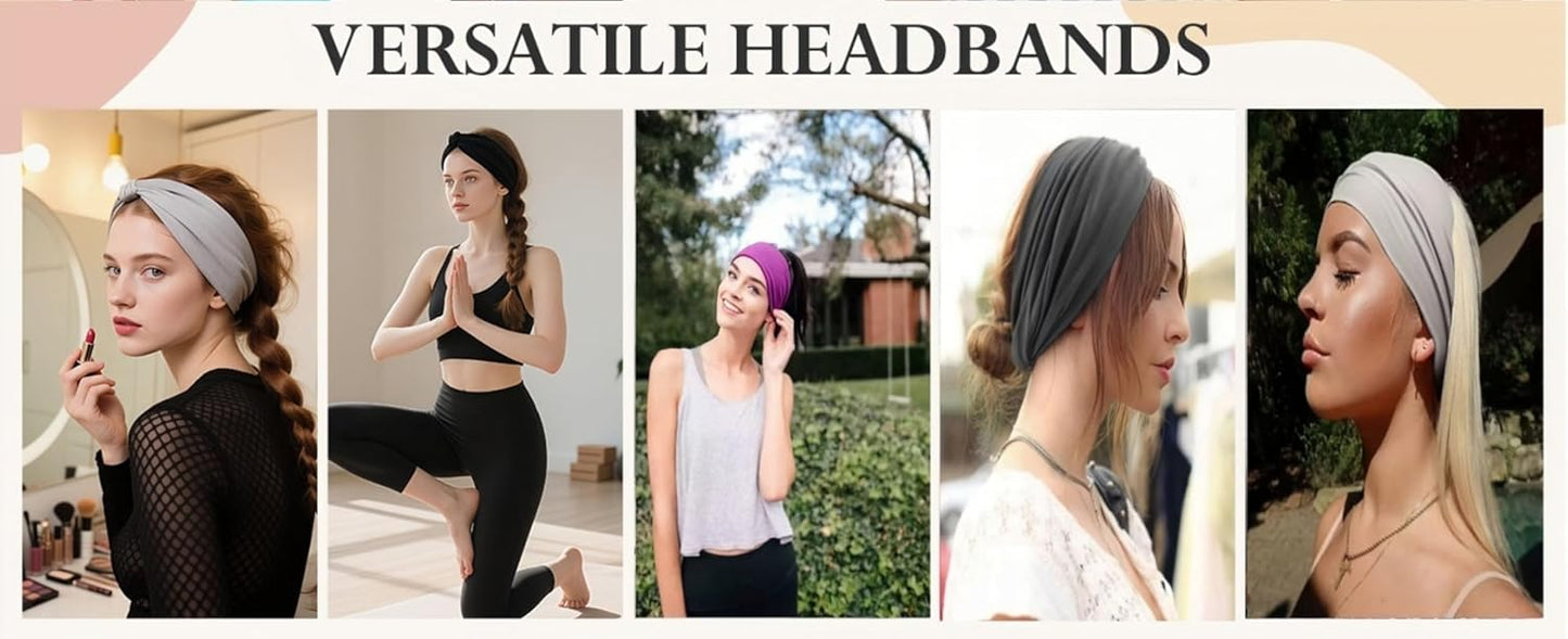 Skiennix Wide Elastic Headbands - Soft Knotted Design for Makeup & Sports | 8-Pack Non-Slip Hair Bands