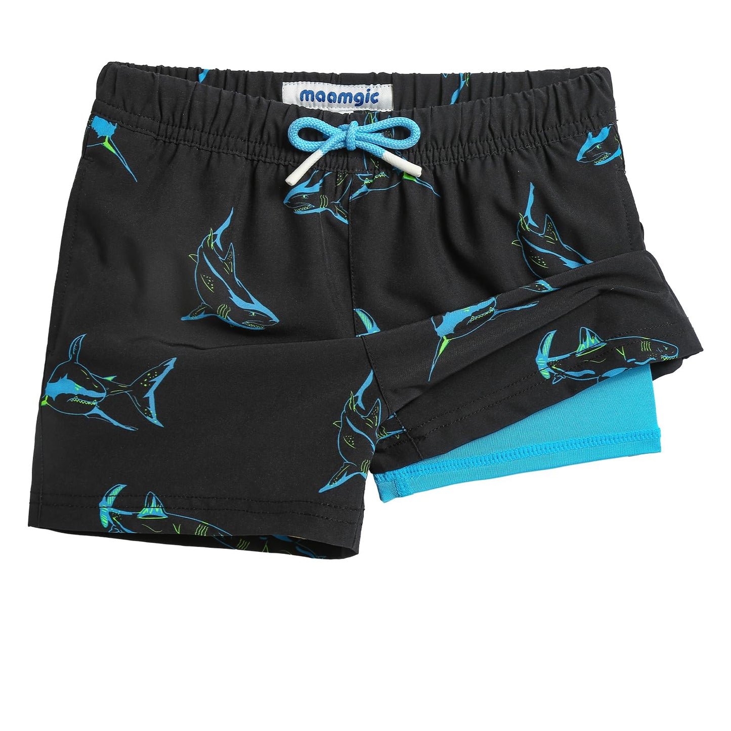 maamgic Boys Swim Trunks with Compression Liner Toddler Stretch Swim Shorts Quick Dry Swimming Trunks Boxer Brief 2 in 1 Beach Shorts Black Shark 14/16