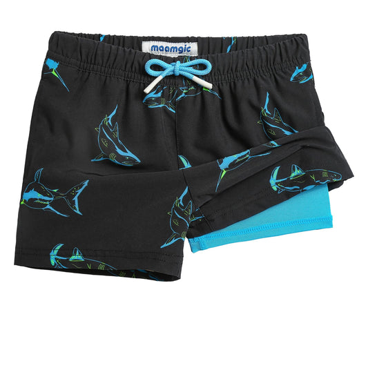 maamgic Boys Swim Trunks with Compression Liner Toddler Stretch Swim Shorts Quick Dry Swimming Trunks Boxer Brief 2 in 1 Beach Shorts Black Shark 14/16