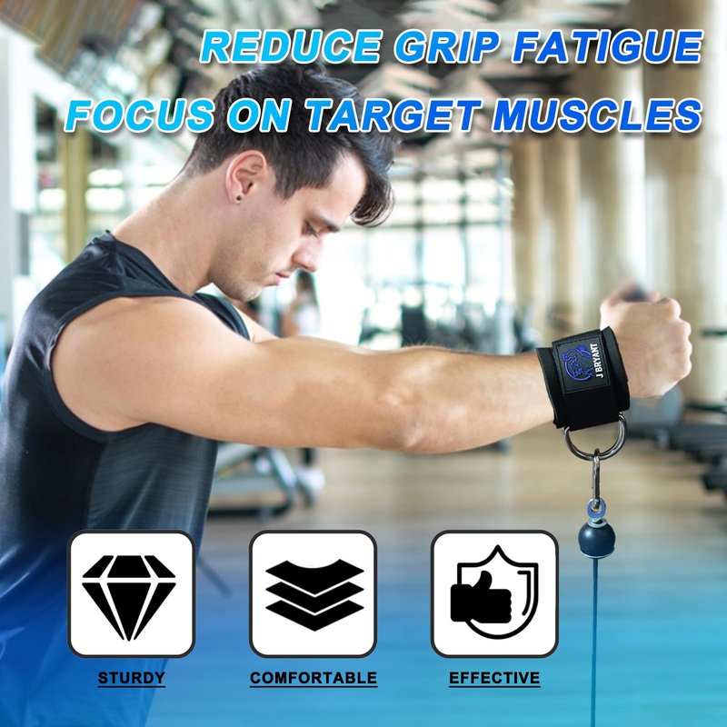 Wrist Cuffs for Cable Machine Workouts – Padded Wrist Straps with Reinforced D-Rings for Strength Training, Pulley Systems, Triceps & Bicep Workouts – Adjustable Fit for Men & Women (Blue)