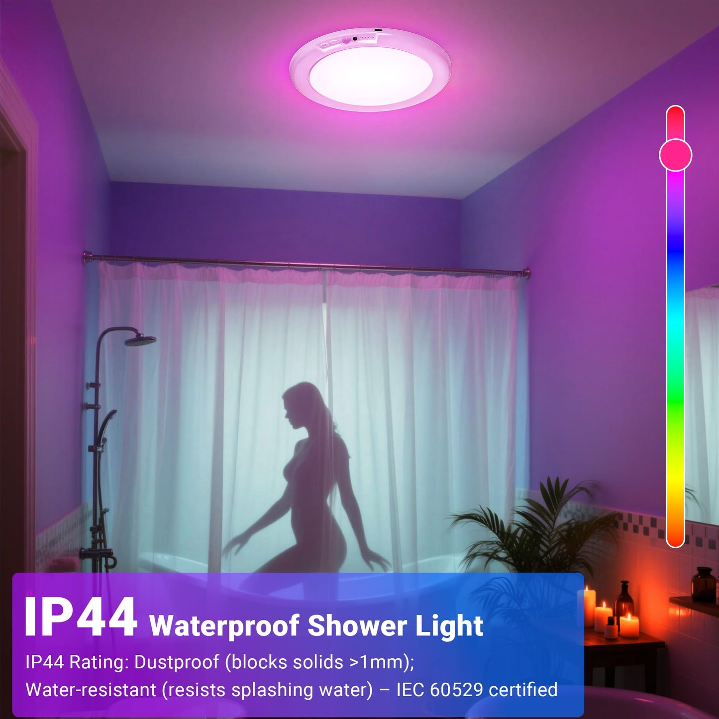 Rodalims Shower Lights for Inside Shower - 1 Pack Rechargeable Ceiling Light with Remote, Color Changing & White Timing Light, Motion Sensor Battery Powered Shower Lamp for Bathroom Closet Patio