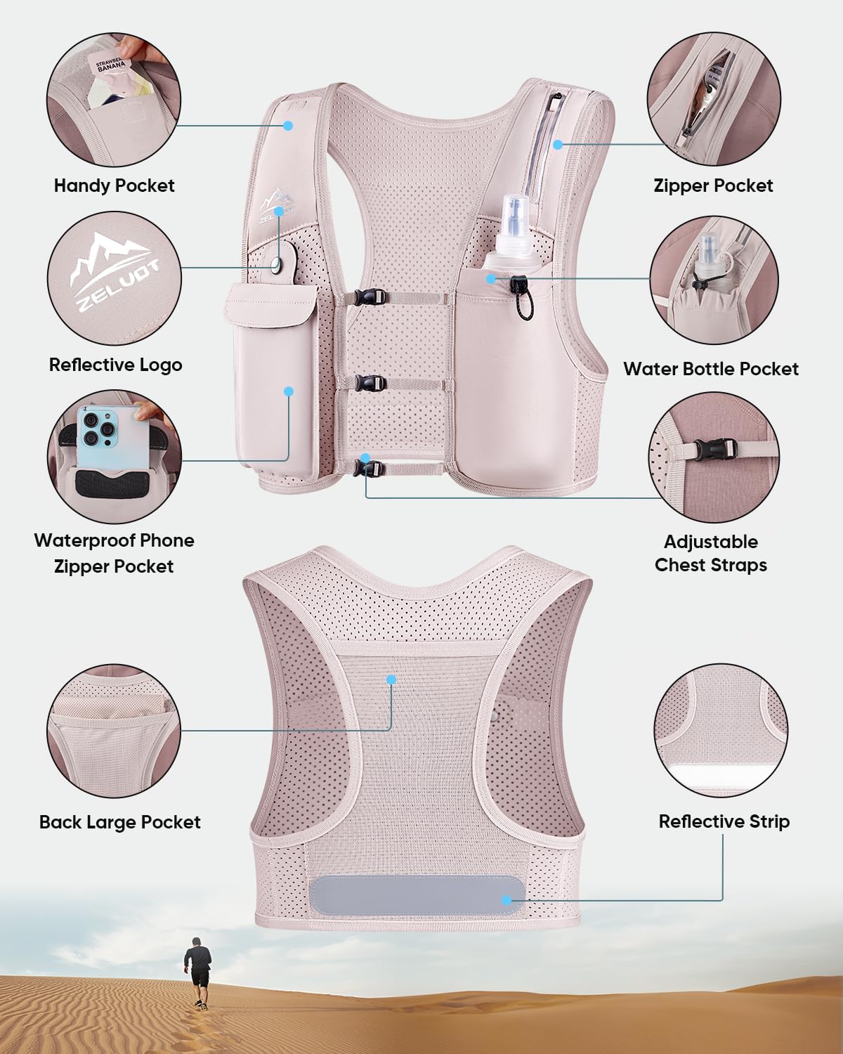 Zelvot Running Vest for Women Men, USA Original Patent, Adjustable Chest Straps Running Hydration Vest with 500ml Soft Flask, Breathable Reflective Hydration Backpack for Hiking (Pink, M/L)