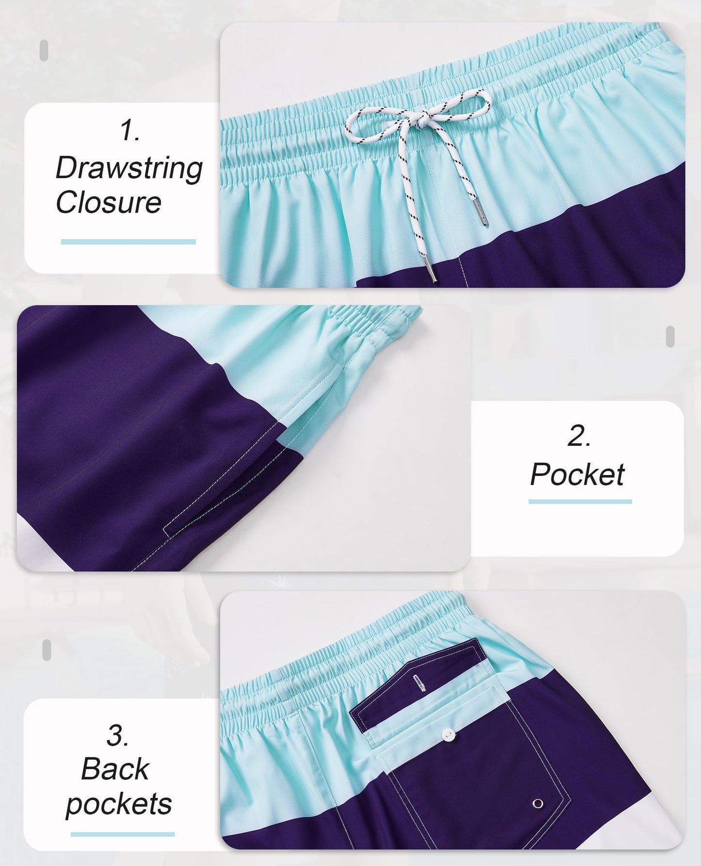 Gleeease Men's Swim Trunks with Compression Liner Mens Beach Shorts 5 inch with Pockets Drawstring 2 in 1 Quick Dry Stretch Lined Funny Beach Swimming Pool Blue Line Medium