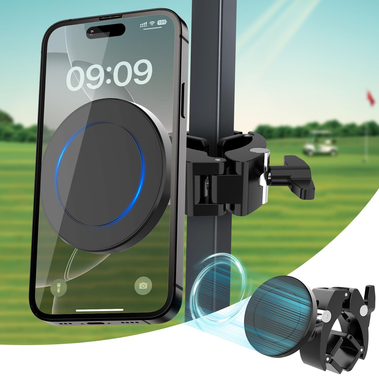 Azzoia Magnetic Golf Cart Phone Holder, Universal Square Post and Cylinder, Aluminum Metal Golf Phone Holder for MagSafe iPhone and Android Phones
