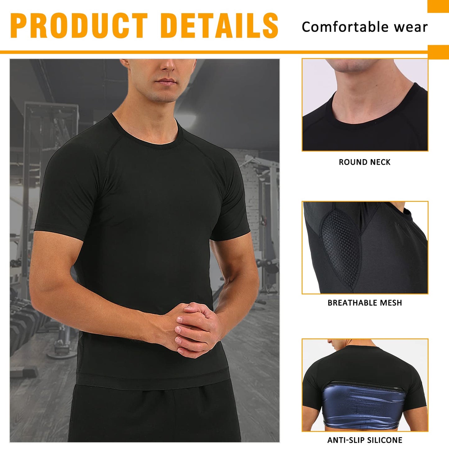BXVX Sauna Shirt for Men Sweat Suit Short Sleeve Compression Weight Loss Body Shaper T-Shirt for Workout Exercise