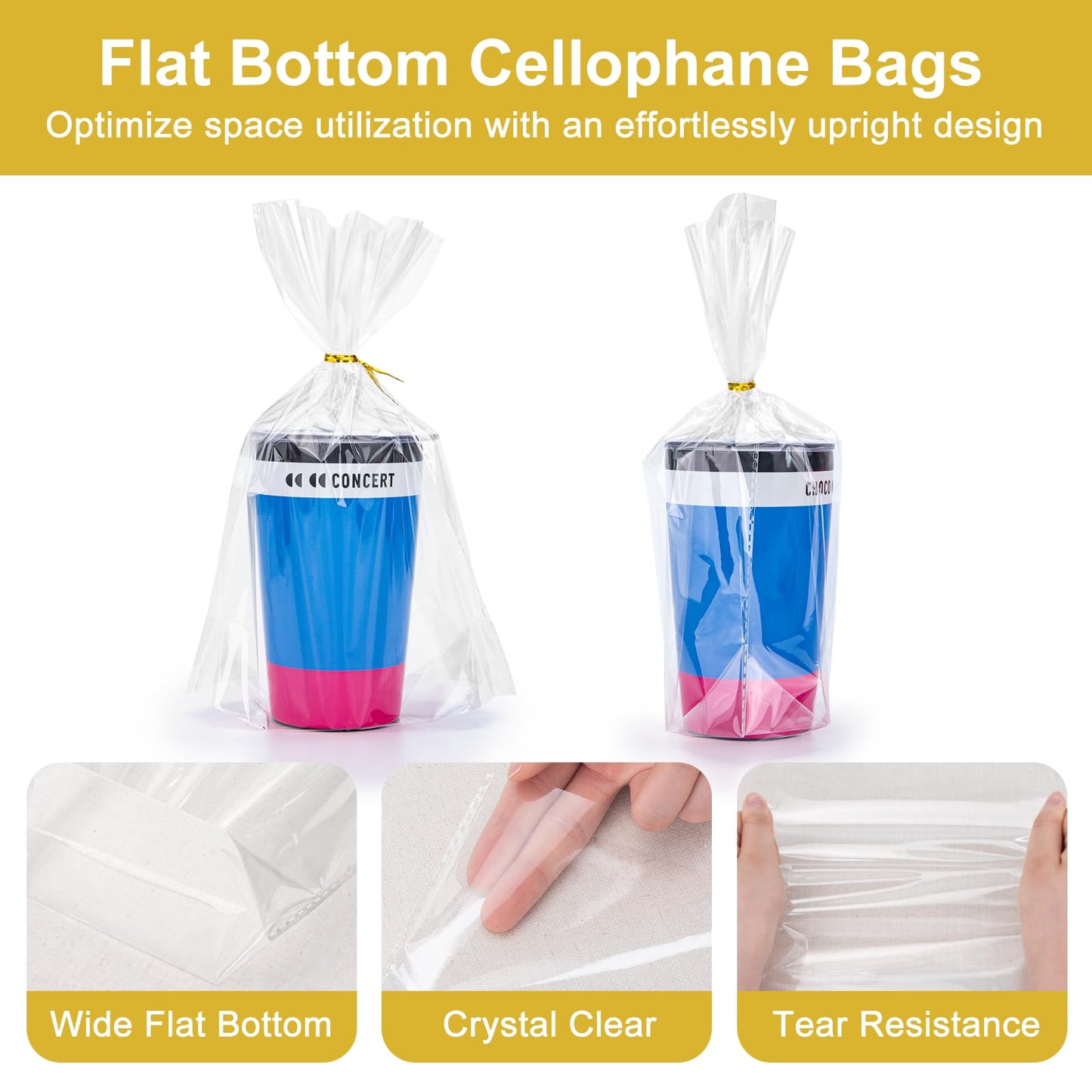 Aubeco 120Pcs Flat Bottom Cellophane Bags, 8x11x3.1" Clear Goodie Baggies with Twist Ties for Party Favor Packaging, Cookie, Popcorn, Candy, Mug Wrapping