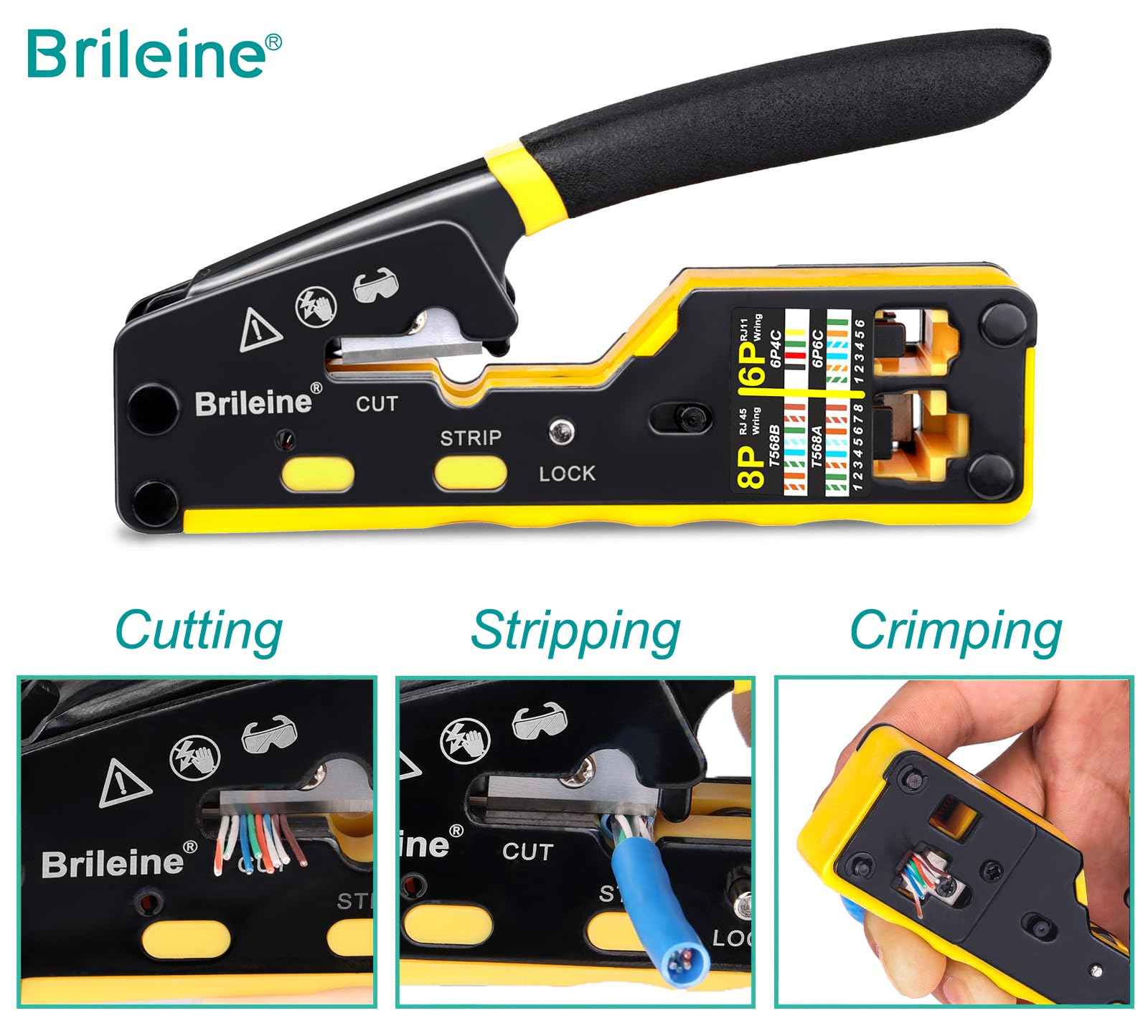 Brileine RJ45 Crimp Tool Pass Through Crimper for RJ45 Connectors / Cat6 Cat6a Cat5 Cat5e Connector Ethernet Crimper Tool with Mini Cable Stripper