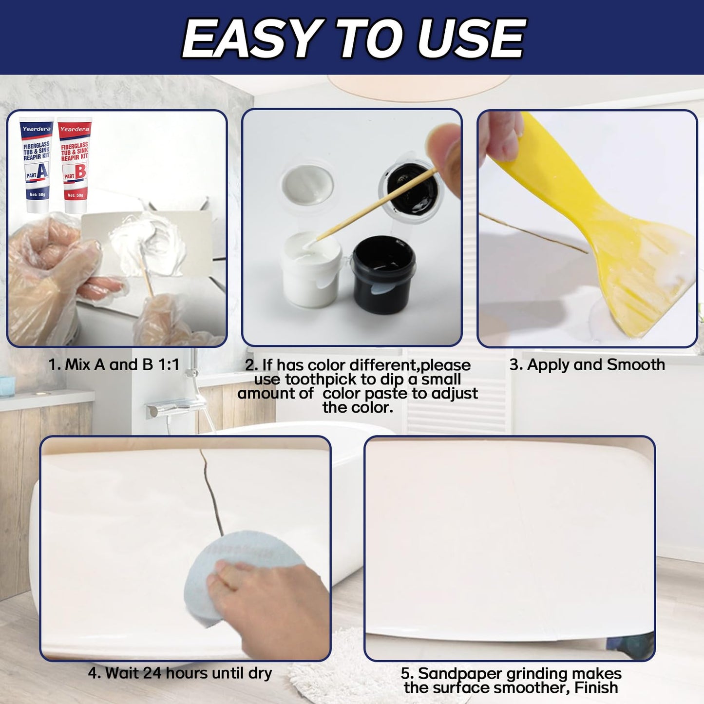 Yeardera Tub Repair Kit, Shower Repair Kit, Super Strong and Waterproof Fiberglass Tub Repair Kit, Sink Repaik Kit for Tub, Tile, Sink, Ceramic, Scratches, Cracks, Chips, Holes on Porcelain and More