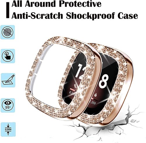 Leather Band Compatible with Fitbit Sense 2/Versa 4 Bands for Women, Dressy Leather Strap with Rhinestone D-Shape Metal Buckle with with Bling Case Cover (Fitbit Versa4/Sense2, Beige/Rose Gold)