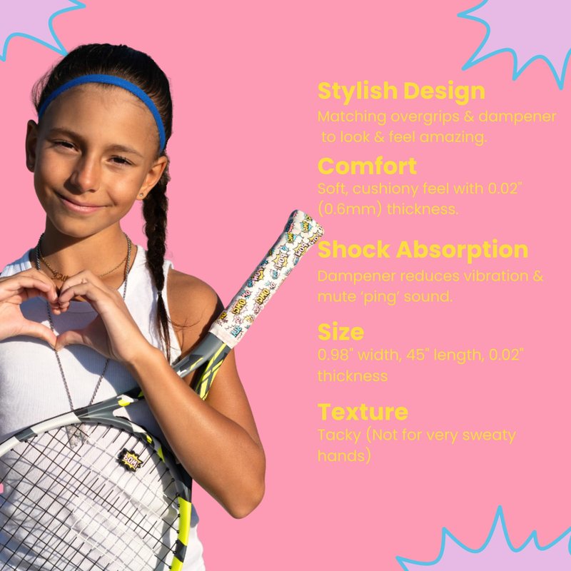 Strawberries and Cream Tennis Tape & Dampener Set - 2 Tacky 45” Long x 0.98” Wide Racket Handle Overgrips & 1 Matching Ping Dampener, Pink Anneliese Pattern