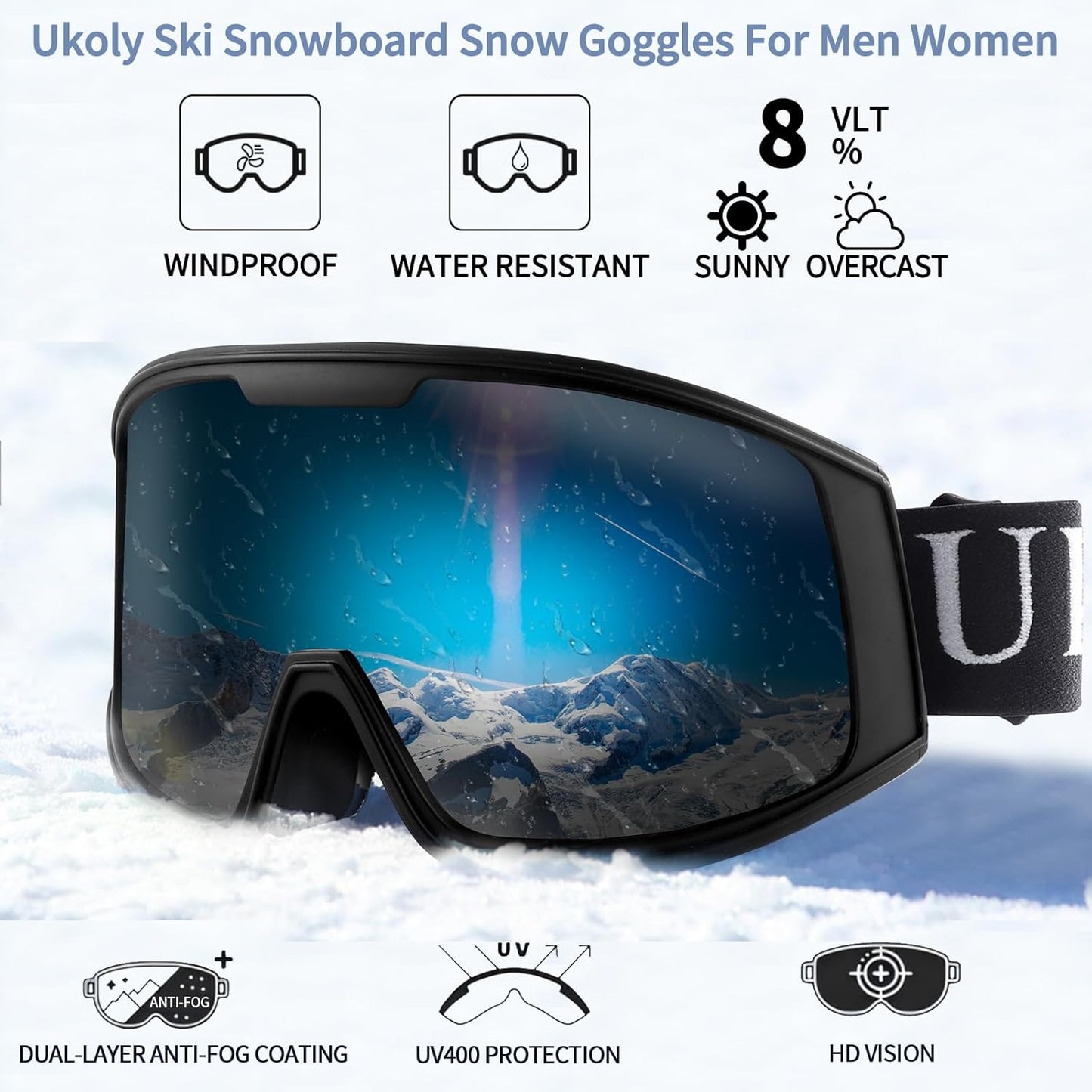 Ukoly Ski & Snowboard Goggles - HD Anti-Fog Lens, UV400 Protection, OTG Design for Men & Women