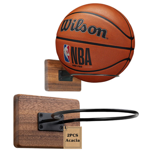 Rovarahoom Basketball Holder Wall Mount, 2 Pcs Acacia Wood Ball Holder for Storage Soccer Volleyball Football Autograph, Basketball Rack Display for Boys Sports Accessories Organizer Wall Decor