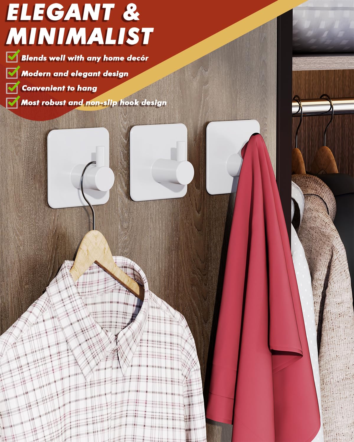 Adhesive Hooks Heavy Duty 30lb(Max) Wall Hooks, 5 Pack Self Adhesive Damage Free Towel Rack, Stainless Steel for Coat Robe, Waterproof Oilproof Rustproof for Bathroom Shower Kitchen Office