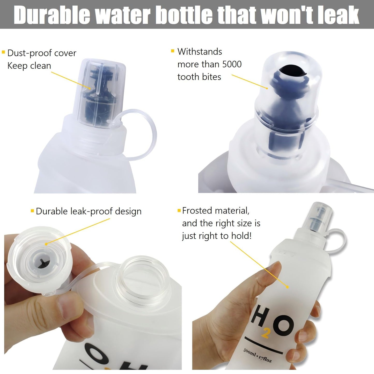 HECHZSO Collapsible TPU Soft Flask 500ml Leakproof Hydration Bottle with High-Flow Bite Valve for Running, Hiking, Cycling & Climbing, Lightweight Foldable Water Bottle (2 pcs 500ml)