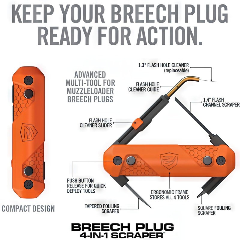 Real Avid Breech Plug 4-in-1 Scraper - Multi Tool for Muzzleloader Cleaning, Features 1.4" Scraper, 2 Fouling Scrapers & 1.3" Wire for Carbon Cleaning