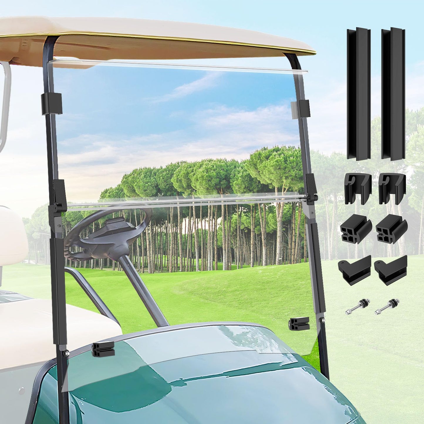Panglong EZGO TXT Golf Cart Windshield-Fold Down Windshield Anti-Impact Resistant, EZGO Windshield with Windshield Clips and Screws, Fit 1995-2013 EZGO TXT, DCS, PDS Golf Cart