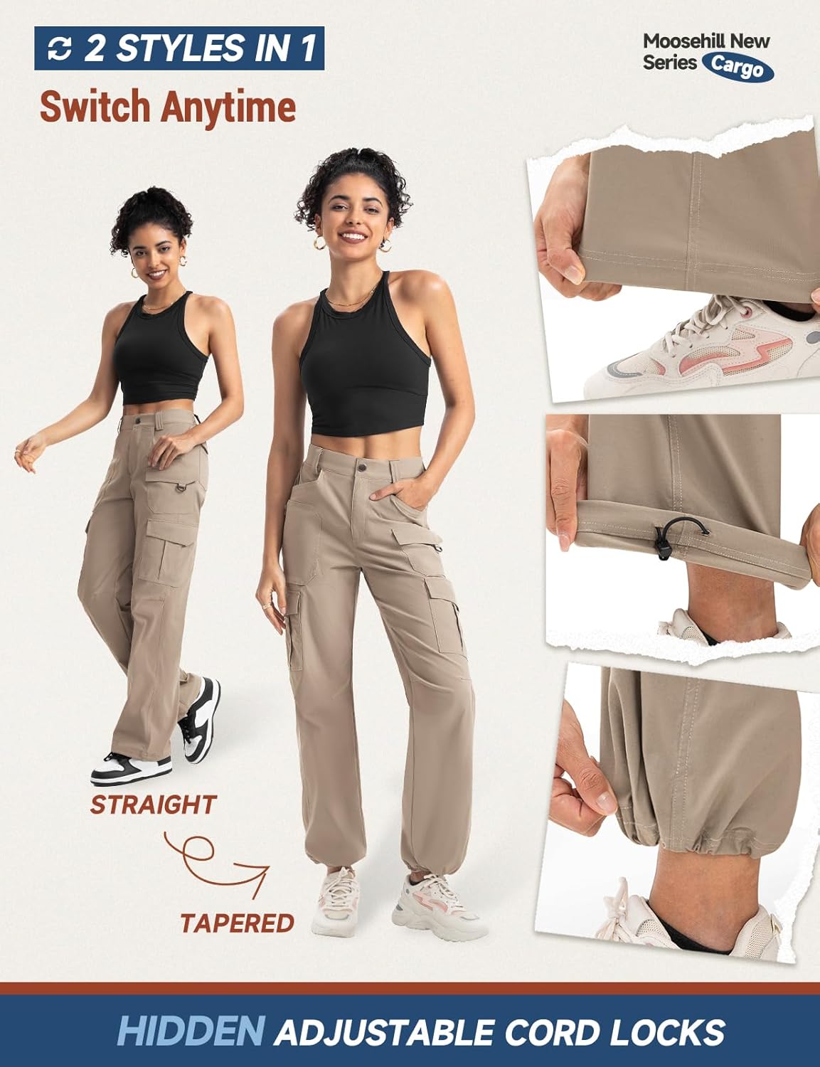 Moosehill Women's Cargo Hiking Pants - High-Waisted, Water-Resistant, Lightweight Stretch | Perfect for Outdoor & Casual Wear