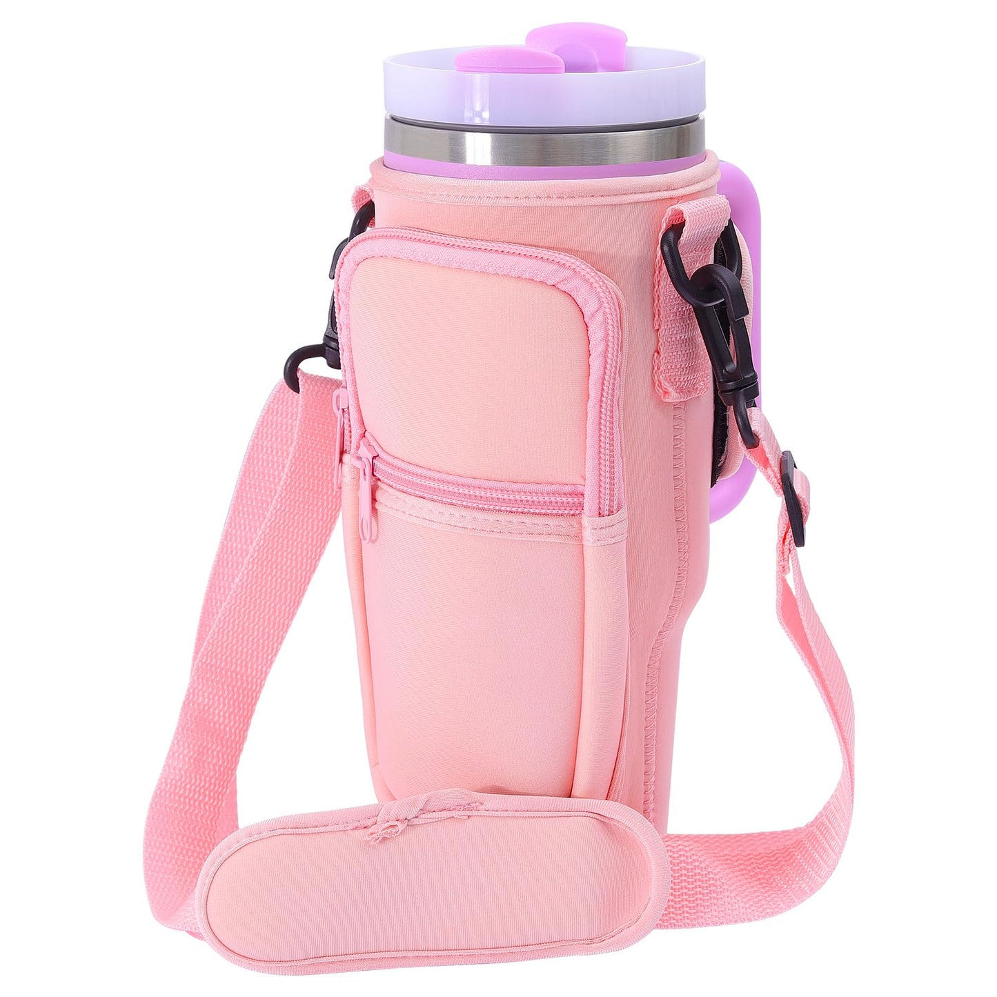 Jecten Water Bottle Carrier Bag with Pouch Fit for Stanl-ey Tumbler 40oz, Water Cup Pouch with Adjustable Strap, Water Bottle Holder for Hiking Travelling Camping(Pink)
